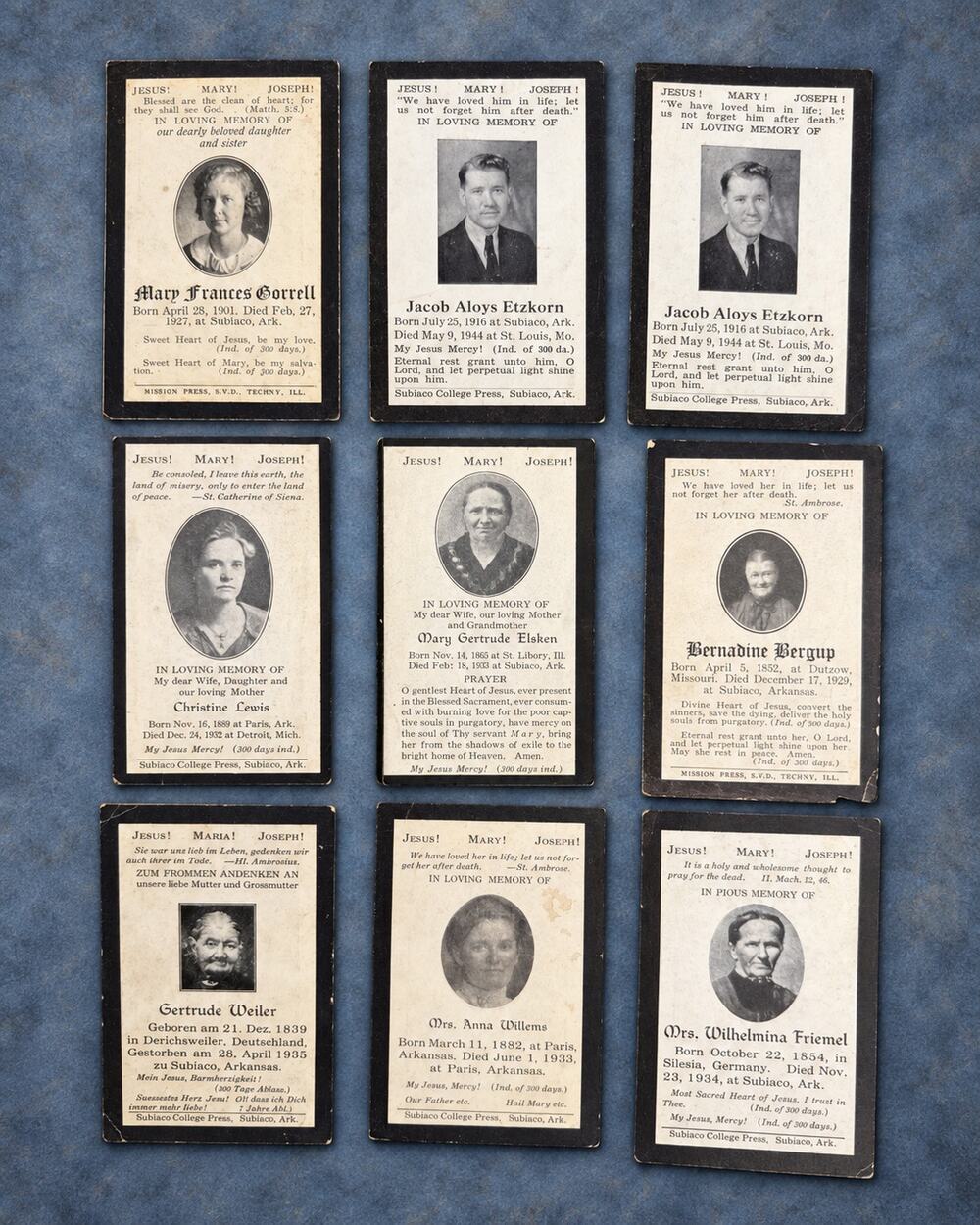 Vintage Subiaco Arkansas Catholic Memorial Cards German American Lot of 9